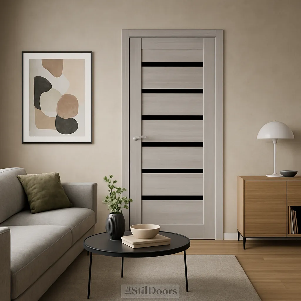 Міжкімнатні двері StilDoors FLORIDA Дуб Сріблястий Чорне скло Плівка Двері в інтер'єрі