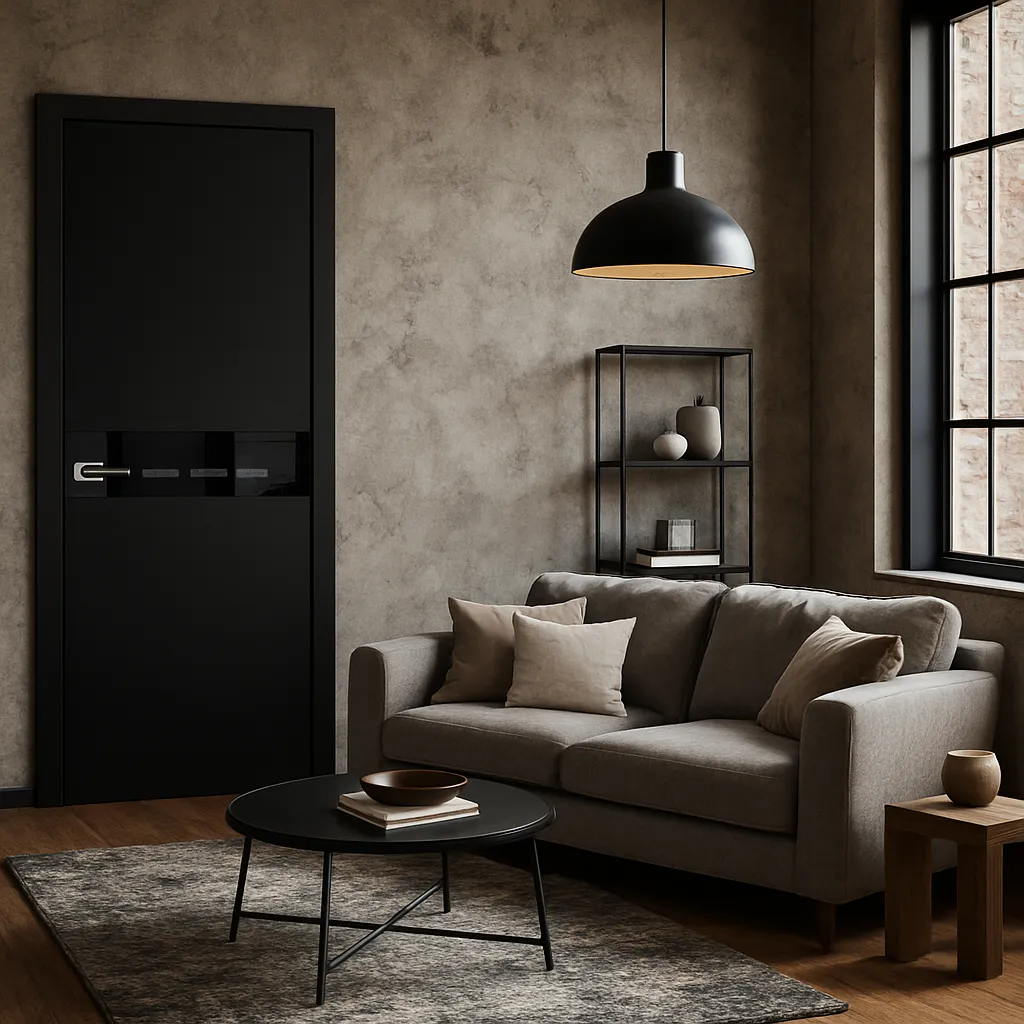 Міжкімнатні двері Korfad Glass loft plato GLP-01 Super PET чорний Чорне скло Плівка Двері в інтер'єрі
