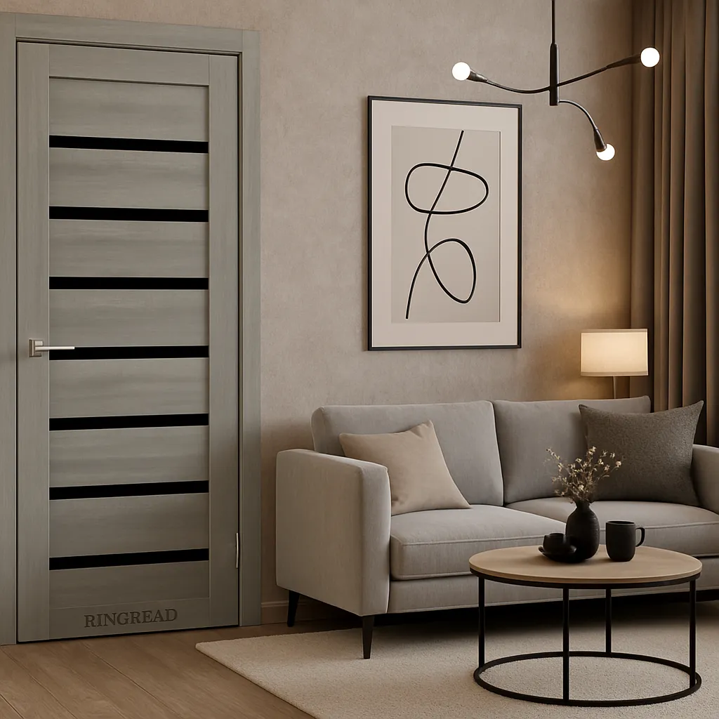 Міжкімнатні двері Korfad Express Delmont Ясен граніт Чорне скло Плівка Двері в інтер'єрі